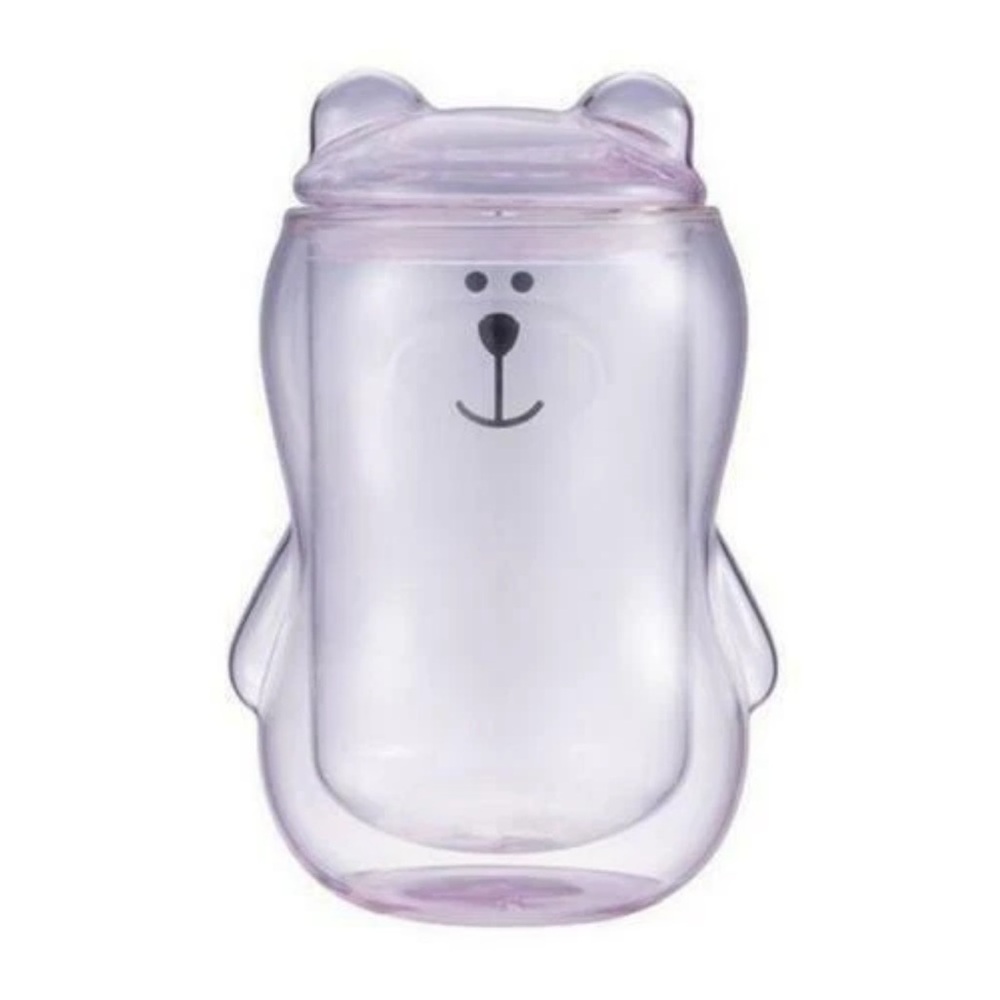 New Starbucks Bear Glass Cup Mug Double Wall Pink w/ Lid Link Taiwan Bearista